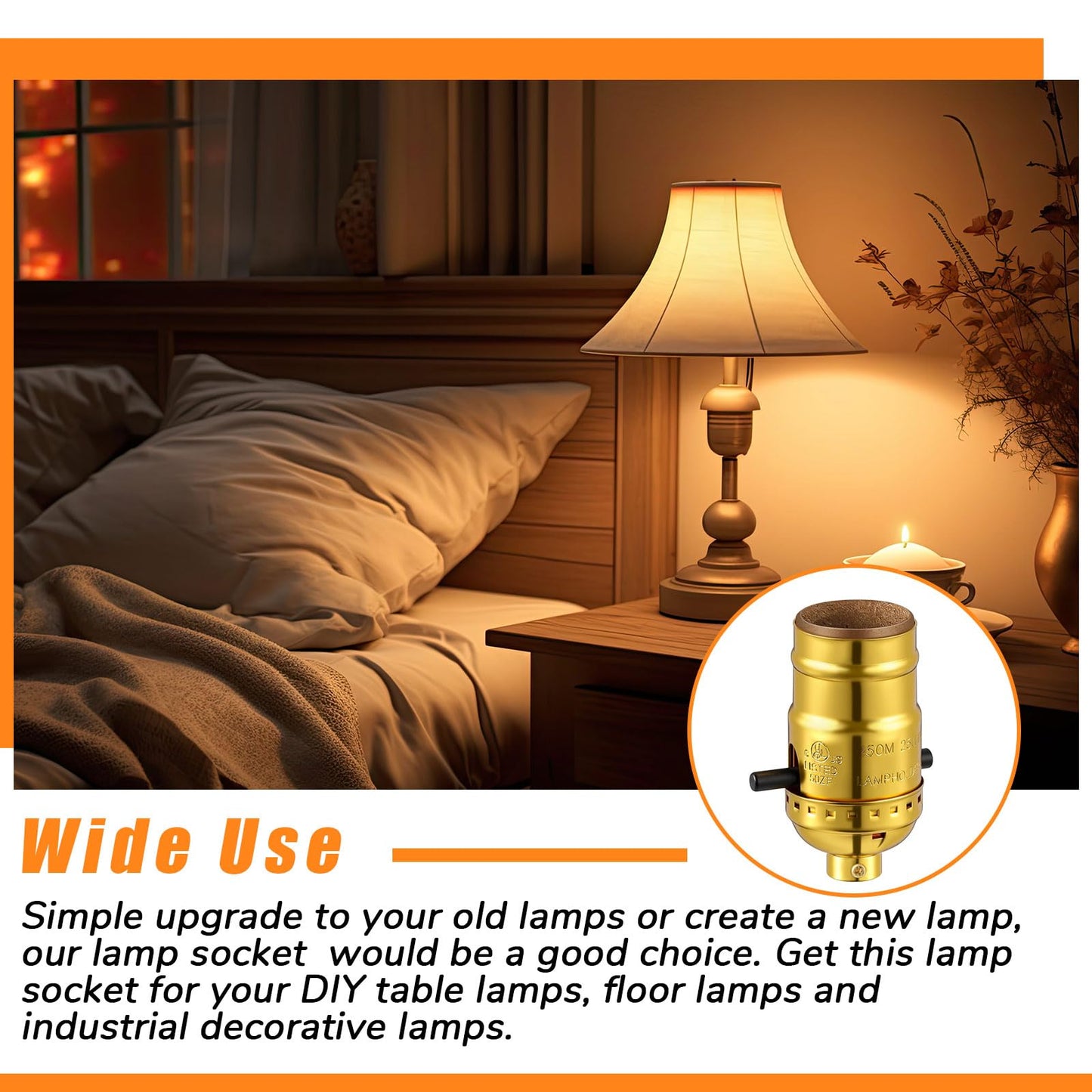 Saysurey 4 Pack UL Listed Lamp Socket with Push On/Off, E26 Threaded Base, Medium Screw Push Socket, Lamp Parts for Floor and Table Lamps, DIY Project, Gold