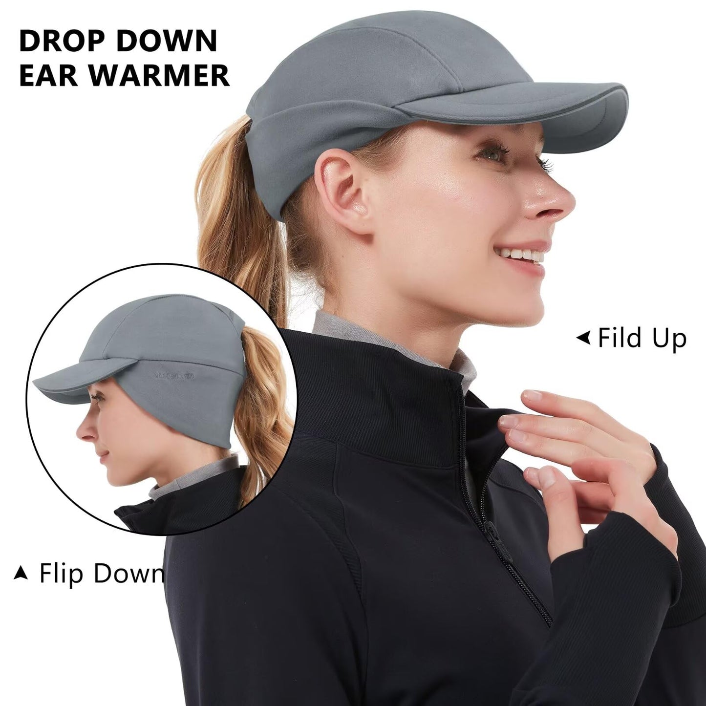 GADIEMKENSD Winter Fleece Hats Reflective Ponytail Hat for Women Ball Caps with Earflap Drop Down Ear Warmer Mens Skull Cap Beanie with Visor Cold Hat for Outdoor Hiking Running Snow Ski Light Gray