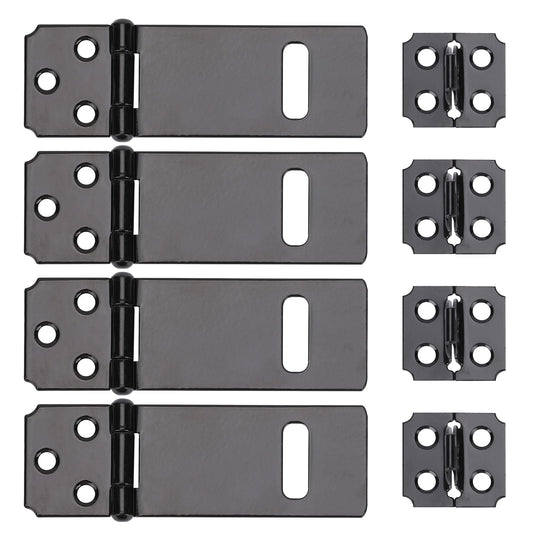 4Inch Lock Hasp Latch, 4 Pack Black Hasp Latch Padlock Hasp Cabinet Latch Hardware Door Slide Latch Safety Packlock Clasp Gate Locks for Wooden Fence, Pet Cage, Cabinet, Window, Garden, Yard