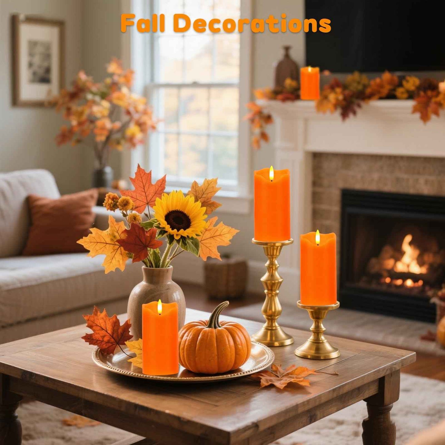 VEEKI Flameless Candles Light, Set of 2 6"x3" Flickering Fall LED Candles with Remote & Timer, Dimmable Pillar Candles Battery Operated, Orange Candles for Fall Halloween Thanksgiving Decor (Orange)