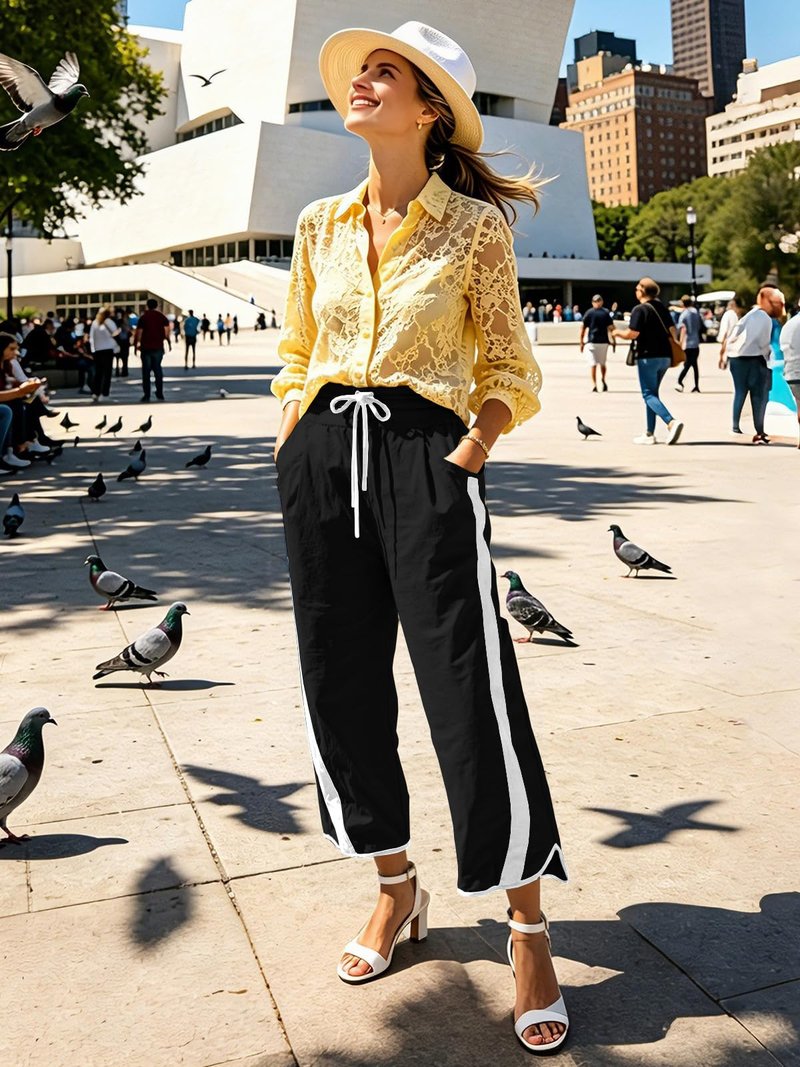 Putysenxi Workout Casual Womens Pants Wide Leg Baggy Elastic Waisted Stripes Track Pockets Y2K Trendy Activewear Black