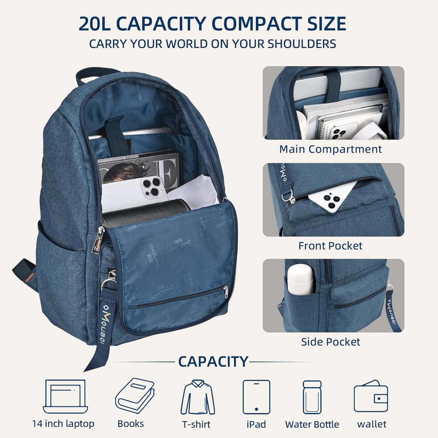 OMOUBOI Casual Daypack - Superbreak 14-Inch Laptop Backpack for Travel & Business - Blue