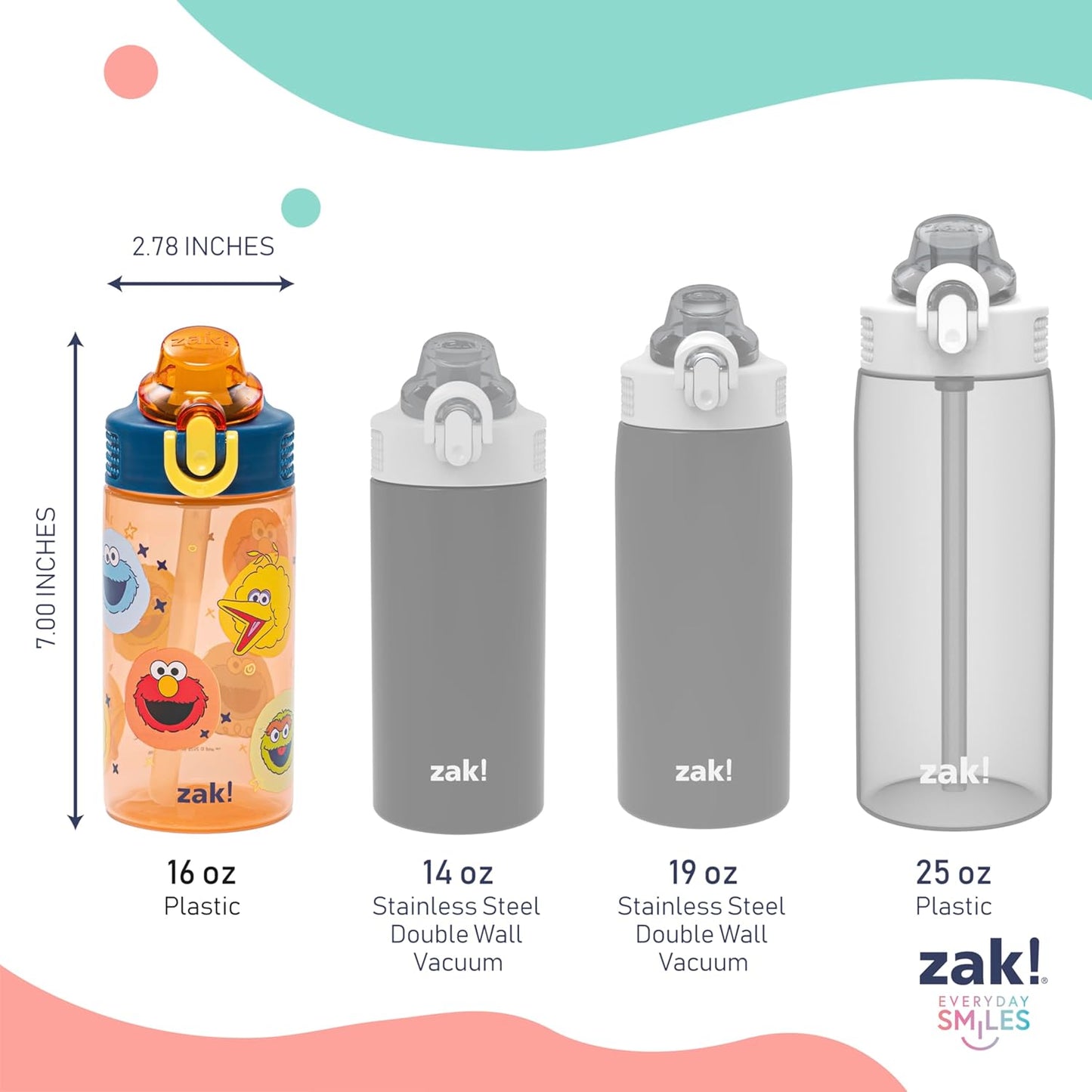 Zak Designs Sesame Street Kids Water Bottle - 16oz Durable Plastic with Straw & Leak-Proof Cover | 2-Pack (Elmo & Friends)