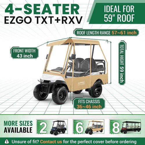 LUPPLE 4 Passenger Golf Cart Enclosure for EZGO TXT RXV – Short Roof 59" Rain Cover, 2+2 Seater Winter Weather Protection with 600D Waterproof Windproof Oxford & 4-Sided Clear PVC Zippered Doors