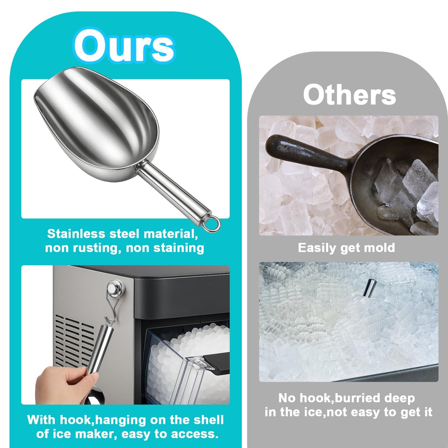 Stainless Steel Ice Scoop for Freezer with Magnetic Hook - Ice Scoop for GE Profile Opal 2.0 Nugget Ice Maker, for Kitchen Ice Bucket Bar Party Accessories