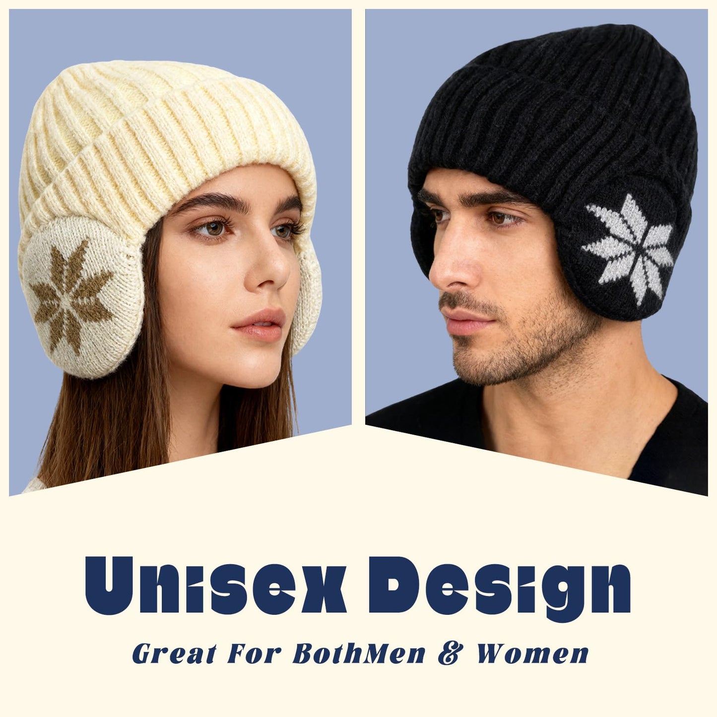CSONFIT Winter Beanie Fleece Lined for Men Women, Unisex Thermal Knitted Ski Hat with Integrated Ear Hood, Warm Stretchable Skull Cap for Skiing, Snowboarding, Running, Daily Use (Beige)