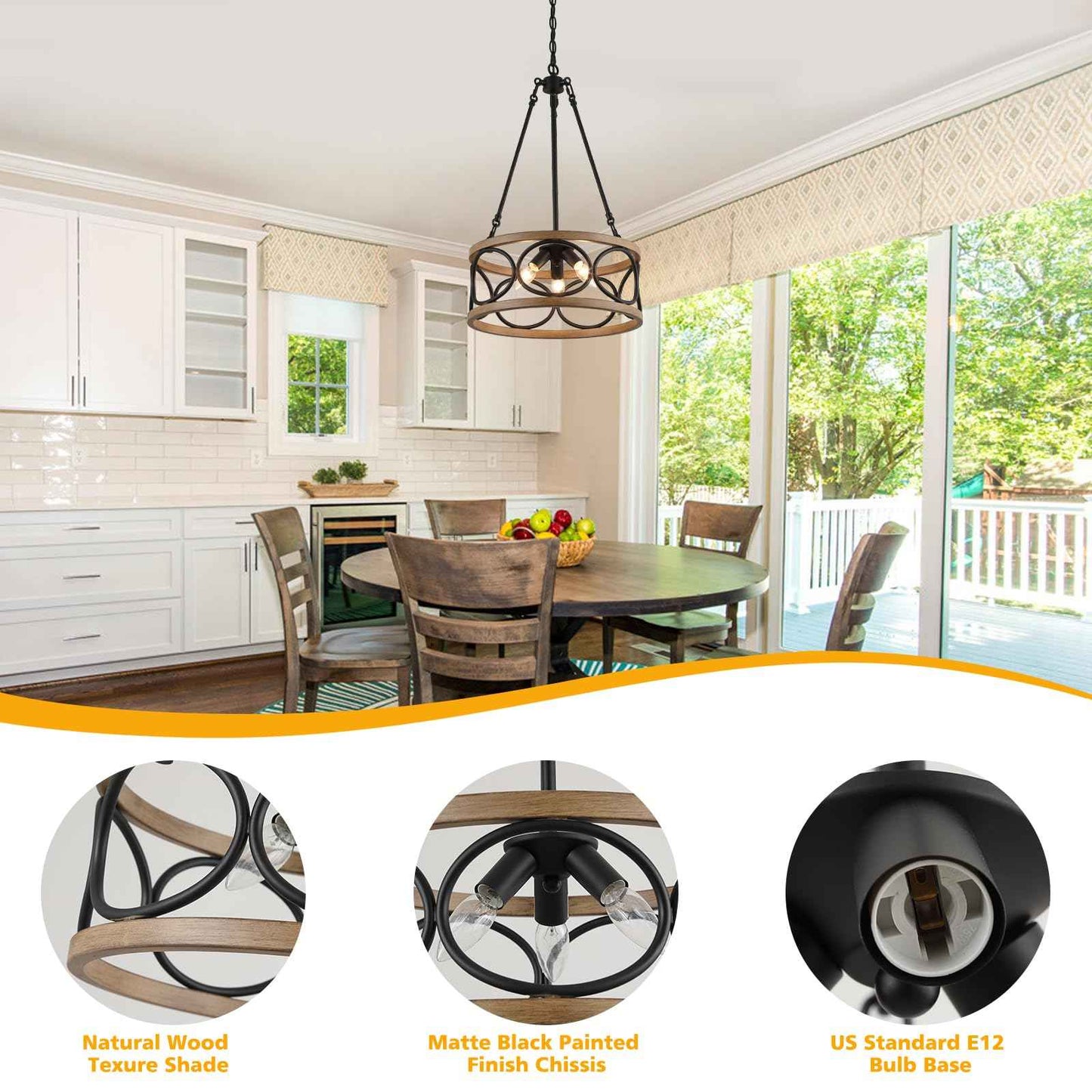 3WWWUEE 16‘’ Chandelier Farmhouse Style Black and Wood Hanging Light Fixture 3-Light Pendant Lighting with 47'' Height Adjustable Chain Dining Room, Living Room, Kitchen Island E12 Base - AJ9016P3WDBK