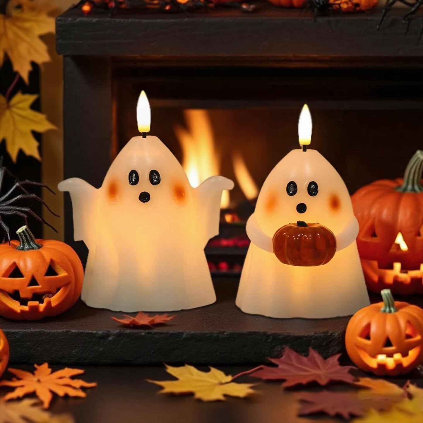 Eldnacele Halloween Ghost Flickering Flameless Candles with 6 Hour Timer, Battery Operated Tea Lights White Spooky Ghost Lights Wax Candles Indoor Fireplace Holiday Decorations Gifts(2Pcs, D3.5×H5)
