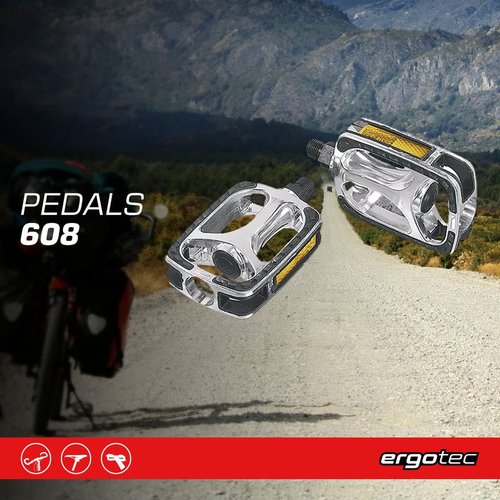Ergotec Bicycle Pedal 628 - Ergonomic Design, Large Contact Zone, Non-Slip Grip, 108 x 69, Ball Bearing, Alloy/Plastic/Rubber, 9/16" Thread, Silver/Black, Comfortable & Durable Cycling Pedals