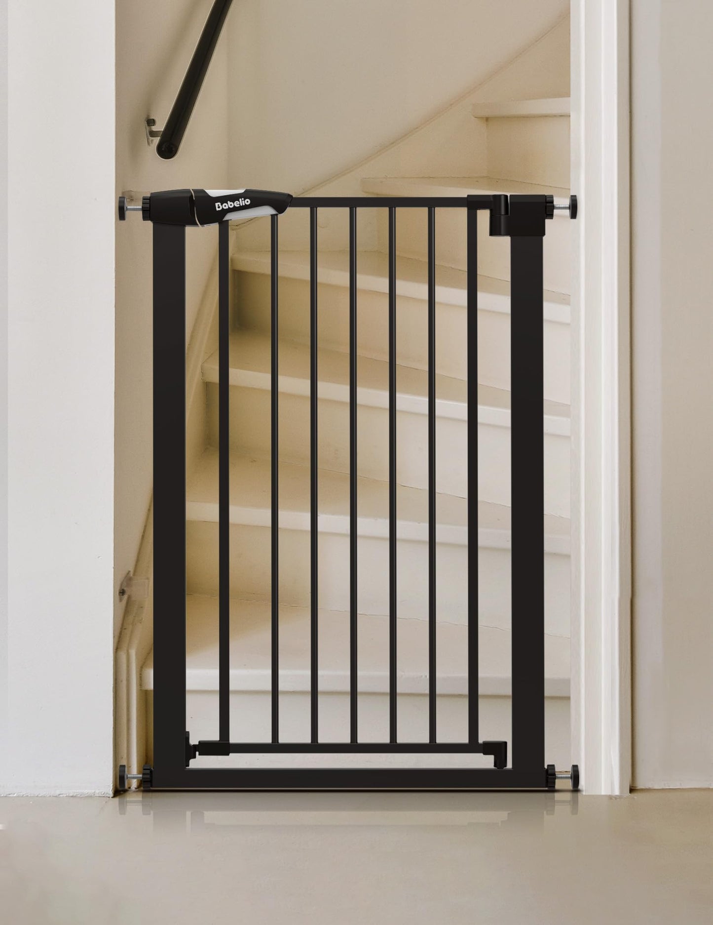 BABELIO 36" Tall Narrow Baby Gate, 26-28.5" Auto-Close Metal Pet Gate for Small Stairs/Doorways/Hallways, NO Drilling Pressure Mounted for Child and Pets, NO Extensions, Black