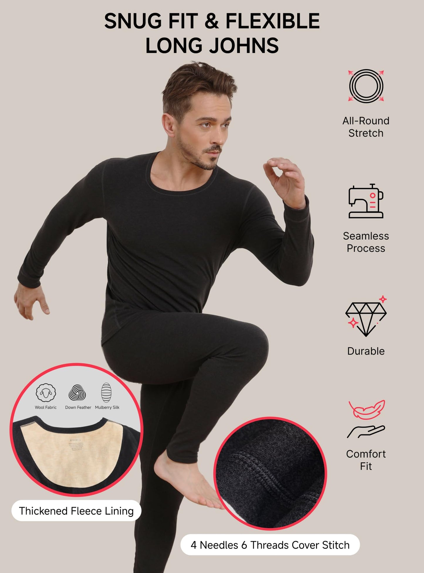 Thermal Underwear for Men Wool Long Johns Fleece Lined, Lightweight Warm Gear Set for Autumn Winter Cold Weather Top Bottom, Base Layer Thermal Long Sleeve Shirt Underpants for Running - Black M