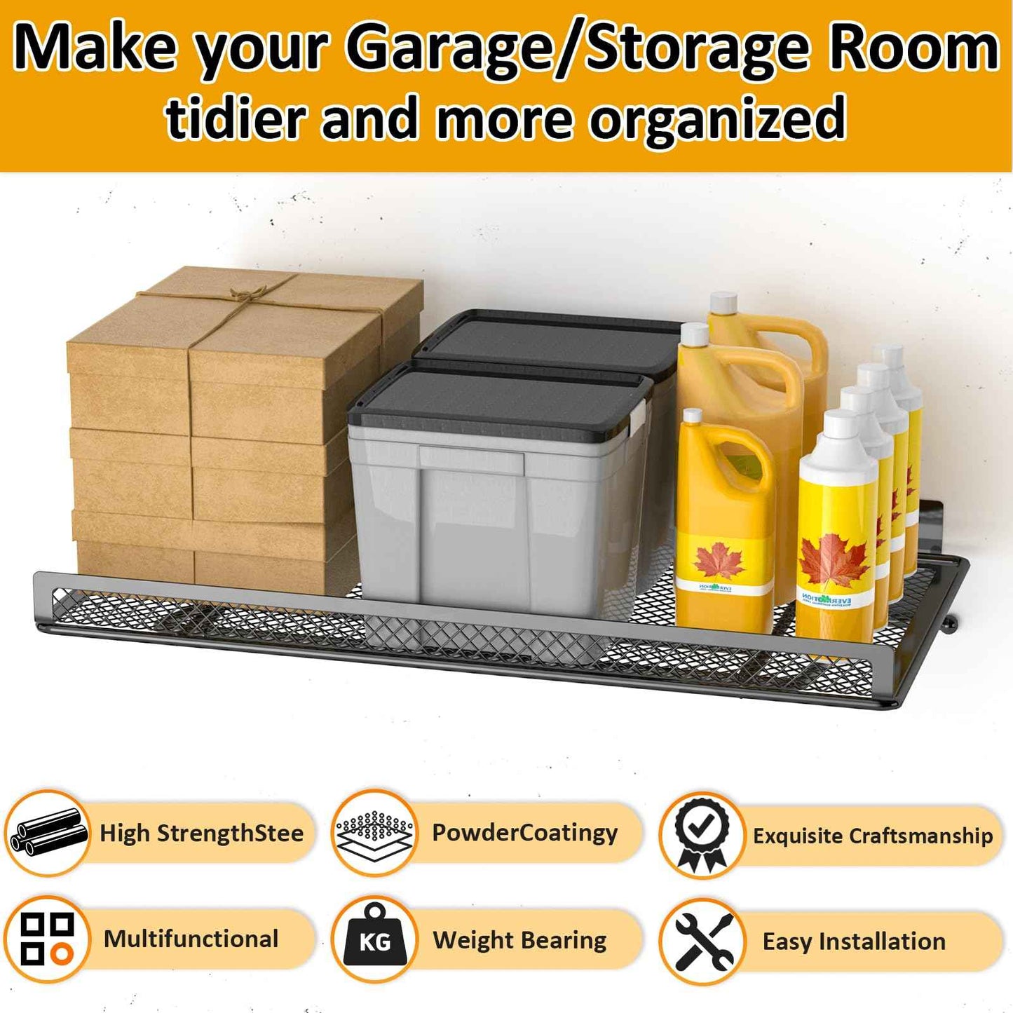 BABKAS Garage Wall Shelving, Metal Garage Wall Shelf with 2 Hooks, Heavy Duty Wall Shelves Mounted for Garage Storage, Laundry Room, Closet and Kitchen | Holds Up to 80 Lbs | 16.5" x 12.2"