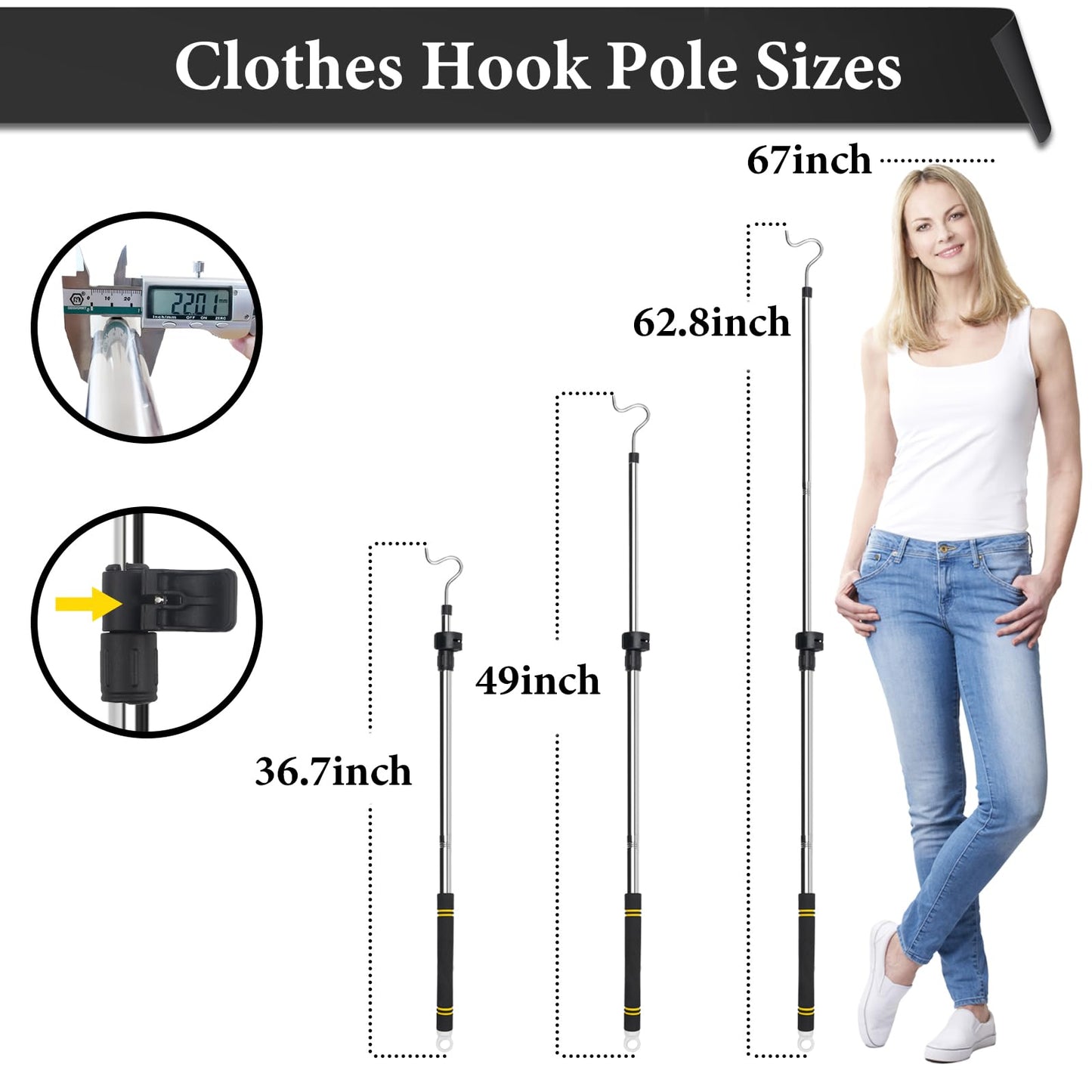 Clothes Hanger Reaching Hook, Attic Pull Down Hook Extendable 36-66inch Sponge Handle Hard to Break Apply to Closet Poles for Hanging Clothes Closet Extender Hanging Rod Clothesline Pole.