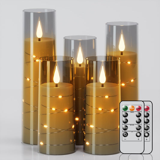 DRomance Flickering Flameless Candles String Lights with 11-Key Remote and Timer Battery Operated LED Pillar Candles Unbreakable Plastic Glass 3D Wick Mood Light Christmas Holiday Decor-5 Pack Black