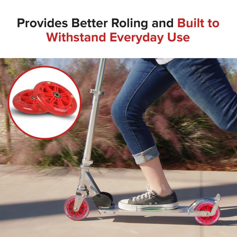 AlveyTech 125 mm Wheels for the Razor A3 Kick Scooter, Clear Wheel Red Hub (Set of 2)