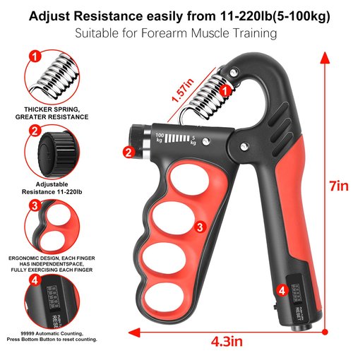 Keria Grip Strength Trainer Kit, Hand Grip Strengthener with Adjustable Resistance 11-220Lbs, Fingers Exerciser - Silicone Rings, Forearm Strengthener for Athletes Musicians and Injury Recovery