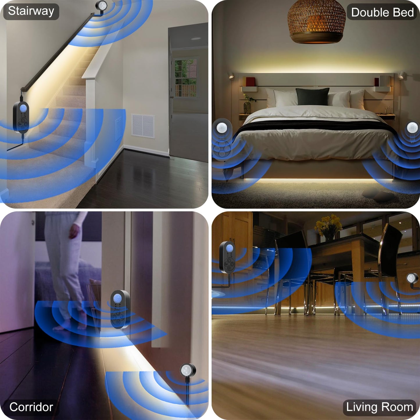 NIVOTA Dual Motion Sensor Light Indoor - 8pcs AA Battery Powered Motion Activated Step Light Strip with Double Motion Sensors, Dimmer, and Timer for Stairway, Bedroom, Corridor