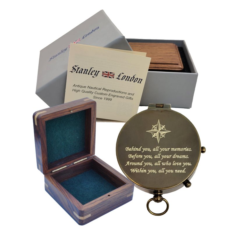 Personalized Antique Brass Pocket Compass with Custom Engraving – Engraved Compass Gift for Graduation, Father’s Day, Anniversary, Travel, or Family Heirloom – Optional Hardwood Box (Behind You)