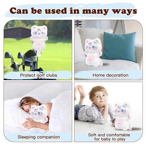 Funny Lucky White Cat Golf Headcover, Small Size Fits Hybird and Irons, Large Size Fits Standard 460cc Driver Head，Animals Plush Golf Club Head Covers
