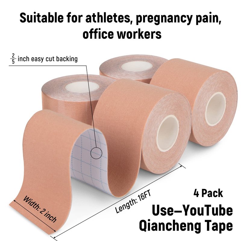 QianCheng 4 Pack Kinesiology Tape for Sports Athletes - 16 FT Waterproof Athletic Tape for The Knee, Elbow and Shoulder Muscles, etc. (Beige)