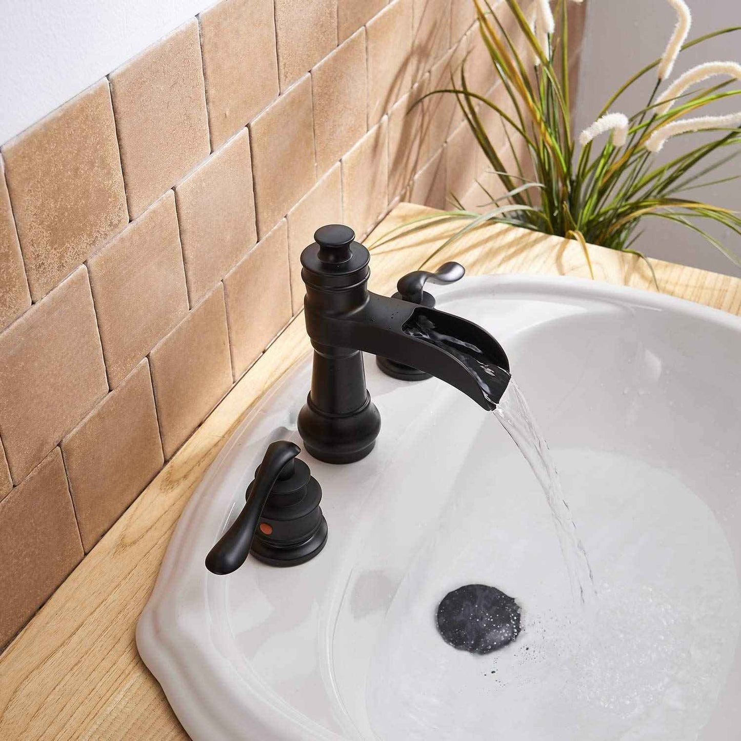 Bathfinesse 3 Hole Black Bathroom Sink Faucet 8 Inch Two Handles Widespread Waterfall Farmhouse with Pop Up Drain Assembly Stopper Supply Lines Hose Lead-Free