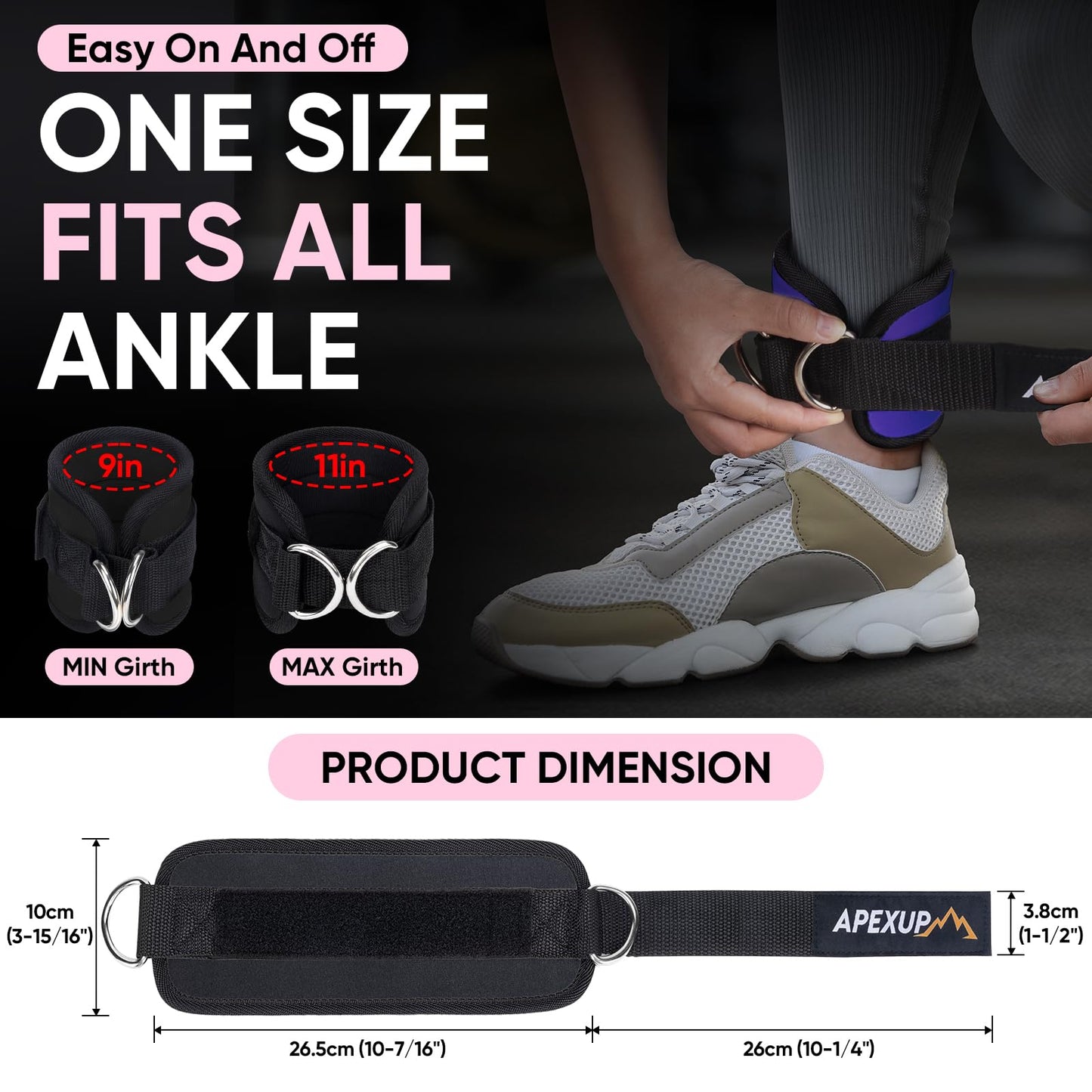 APEXUP Ankle Strap for Cable Machine, Ankle Resistance Bands, Cable Kick Back Ankle Straps for Gym, Glute Workouts, Leg Extensions, Adjustable Straps with Neoprene Padding (Single, Black)
