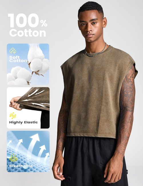 Wyeysyt Men's Crop T Shirts Dolman Sleeve Tops Vintage Crewneck Loose Pullover Tank Tops(BlackBrown-L)