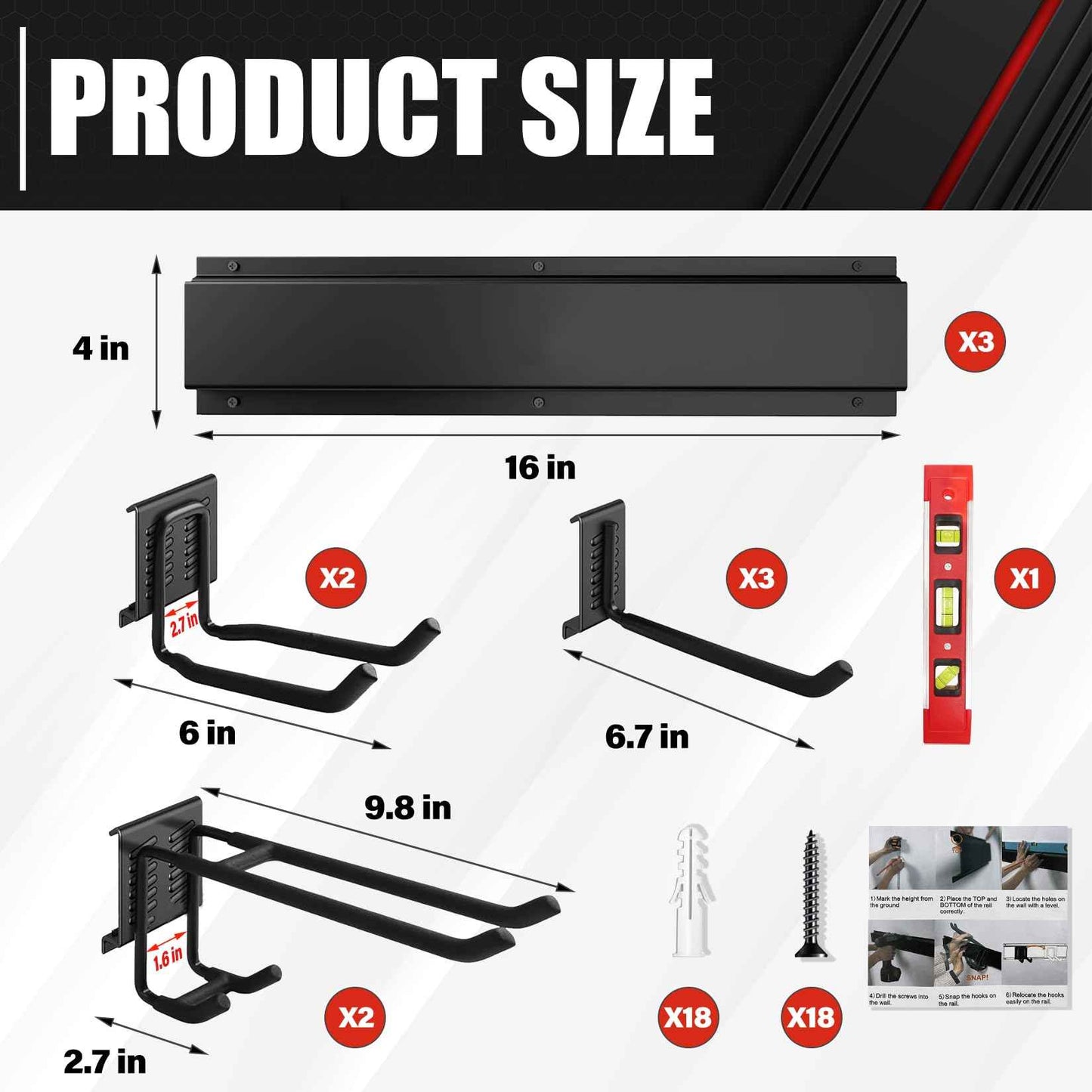 48In Garage Storage, Garage Tool Organization Wall Mount, Tool Organizer, Wall Mount Tool Storage Rack, Garage Garden Tool Organizer with 3 Rails and 7 Hooks, Hold Up to 440lbs, Include Torpedo level