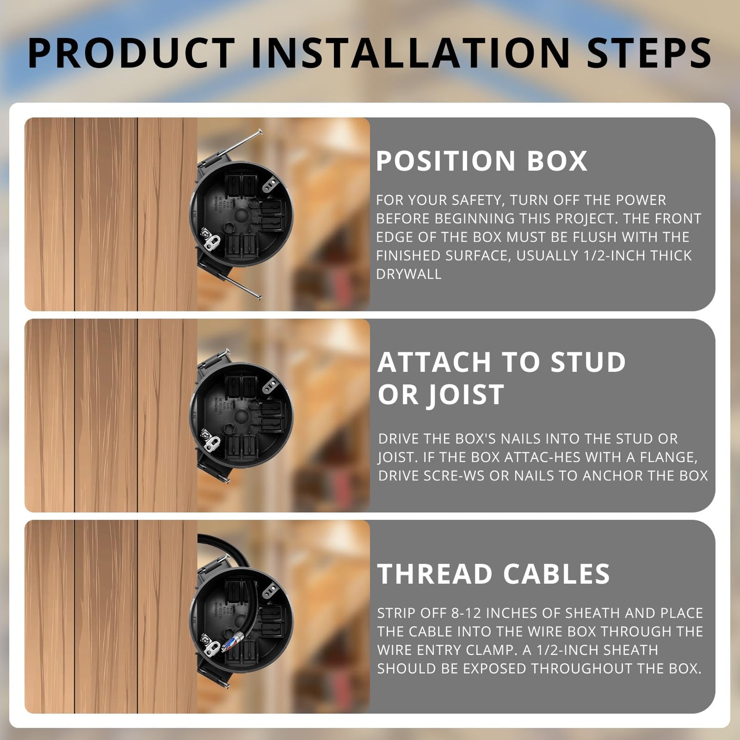 YQMIGU New Work 4" Dia Round Ceiling Nail Electrical Black Box 1-Gang, Home Improvement PVC Electrical Junction Black Box, ETL Listed, 20 Cubic Inch, Suitable for Residential Renovation(2 Pack)