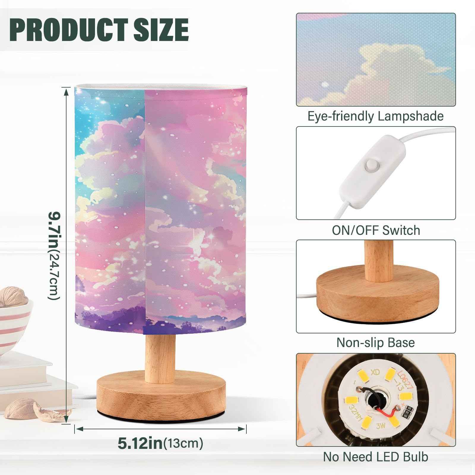 BOENLE Bedside Lamp Princess Castle Pink Sky Table Lamp for Bedroom LED Nightstand Lamp Shade USB Ports Wood Base for Living Room Dorm Office