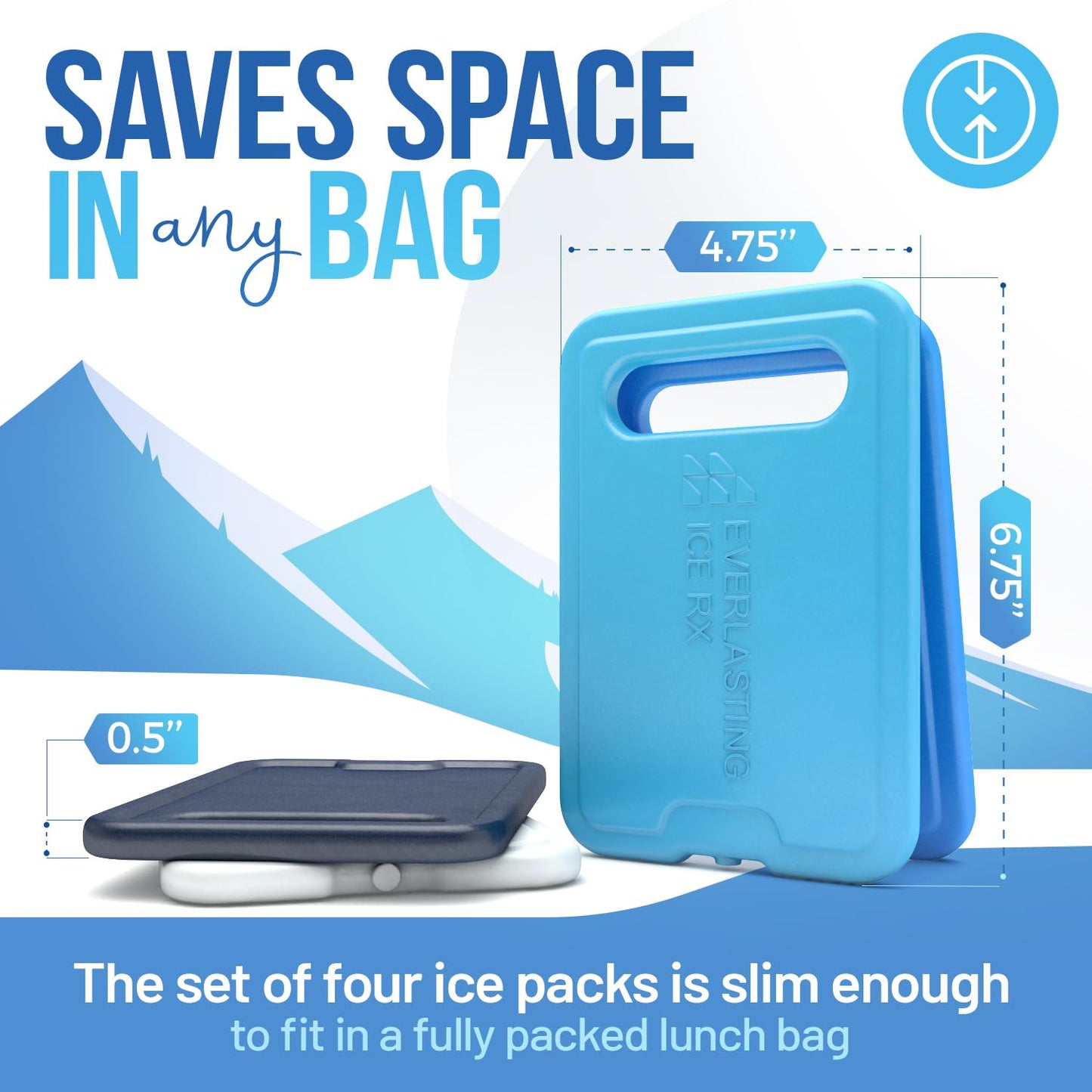Reusable XL Slim Ice Packs for Lunch Boxes with Handle (4 Pack) BPA Free Freezer Packs | 6.5 x 4.5 in | Long Lasting Ice Pack for Insulated Bags, Picnic, Travel, and More