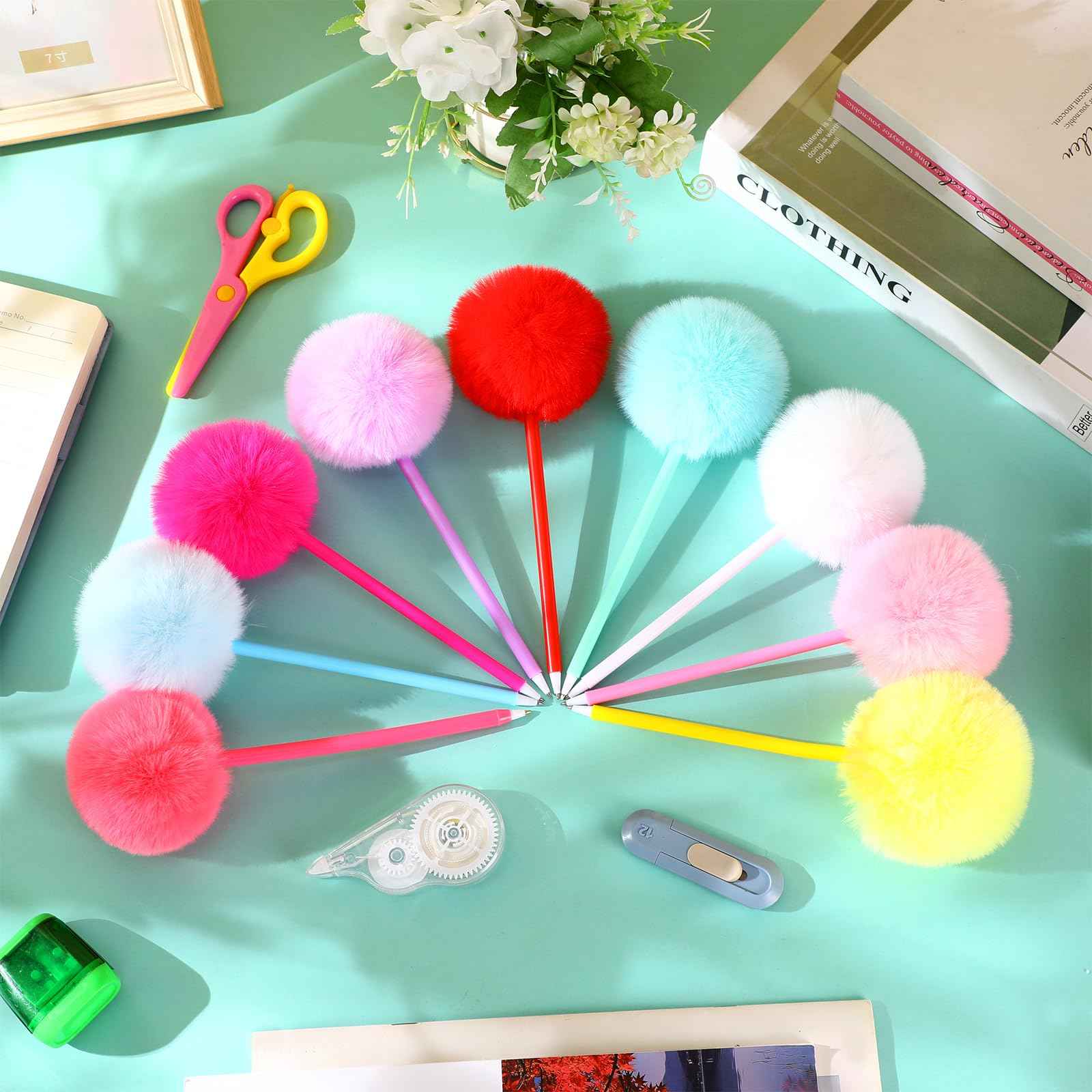 Epakh 84 Pcs Pompom Ballpoint Pen Fluffy Ball Cute Kawaii Plush Fuzzy Pen Black Gel Ink Macaron Color Ballpoint Pompom Gift for Office Women Coworkers (9 Colors)