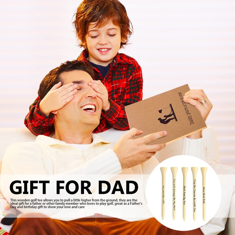 Deekin 90 PCS Christmas Dad Golf Gifts for Men, 3-1/4 inch Funny Wooden Golf Tees with Warm Words and Kraft Box, Golfing Gifts Presents for Dad Grandpa Grandfather(Natural Wood Color)