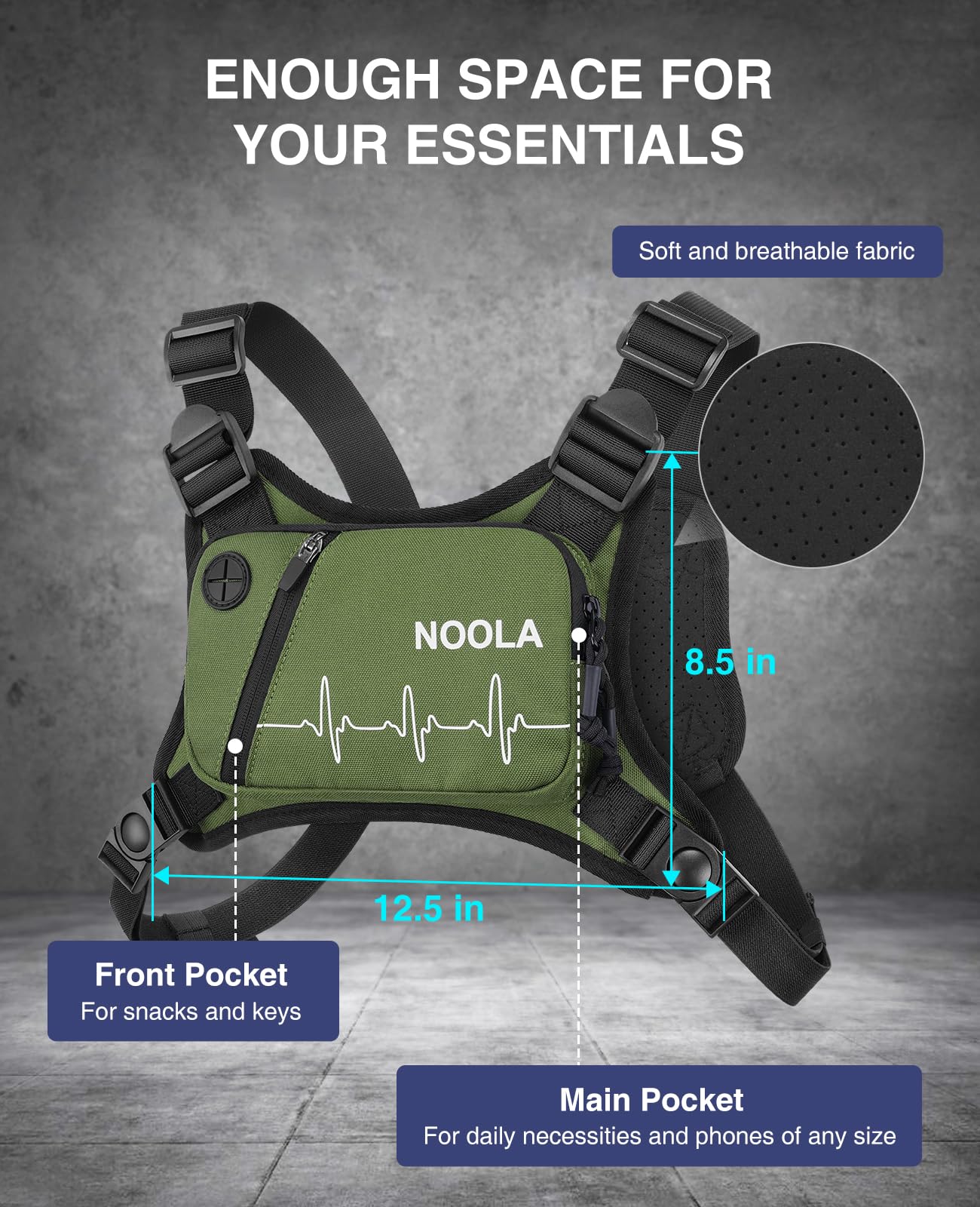 NOOLA Running Chest Pack, Running Vest for Men Women with Reflective Back, Lightweight Sport Chest Bag for Runners, Cycling, Biking, EDC Pouch, Phone Holder Carrier for Jogging, Green