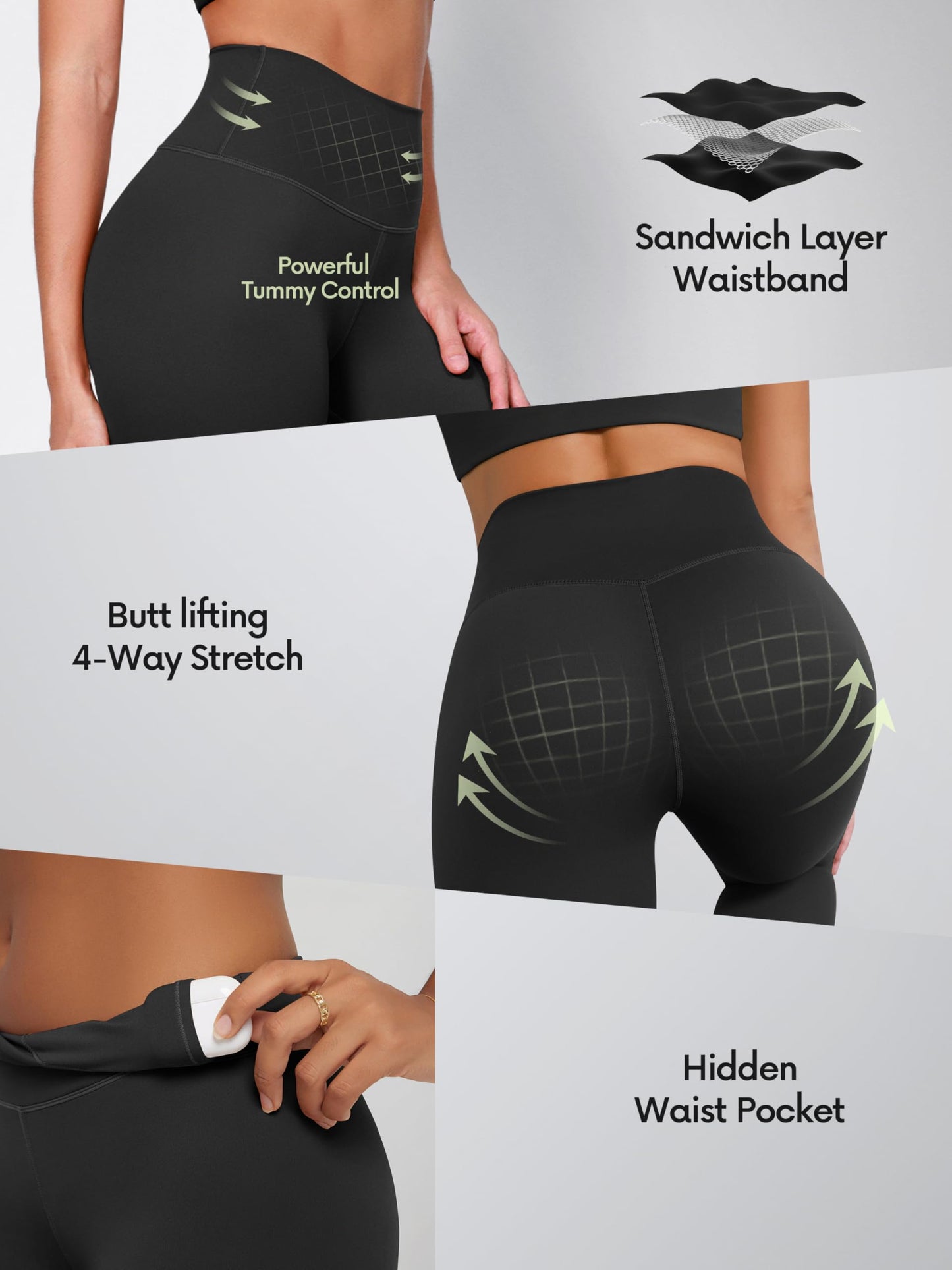 ODODOS Tummy Control Full Length Compression Leggings with Inner Pocket for Women, 28" High Waist Workout Running Yoga Pants, Black, Medium