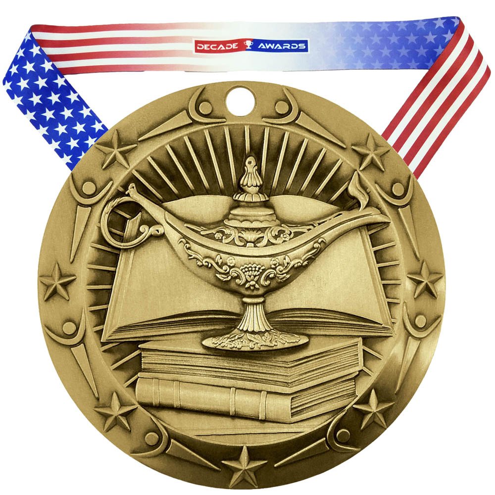 Decade Awards Academic Medal, World Class - 3 Inch Wide - Gold Medal with Stars and Stripes Neck Ribbon