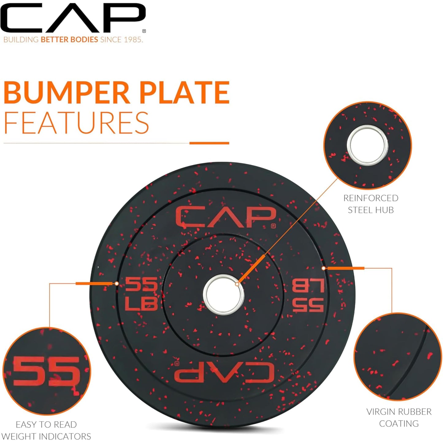 CAP 160 lb Economy Speckled Olympic Bumper Plate Set with Storage Rack, 2-Inch Olympic Plates, Medium Bounce Rubber Weight Plates with Steel Hub, 6 Weight Posts & 4 Barbell Holders for Weightlifting, Strength Training & Home Gym Workouts
