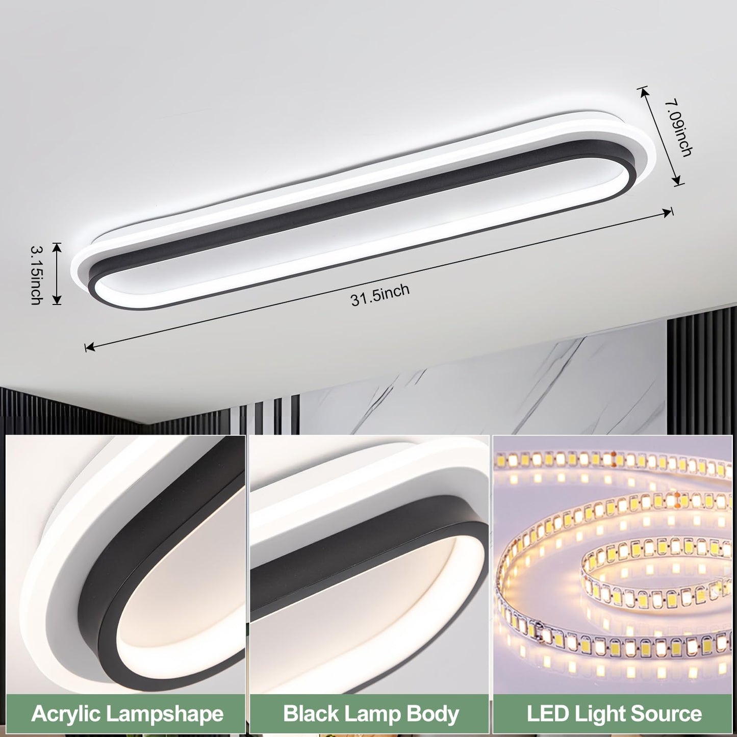 Vloitgol Modern Linear Ceiling Light, 31.5Inch Dimmable LED Flush Mount Ceiling Lamp with Remote Control, Long Ceiling Light Fixture for Kitchen Office Bedroom Hallway