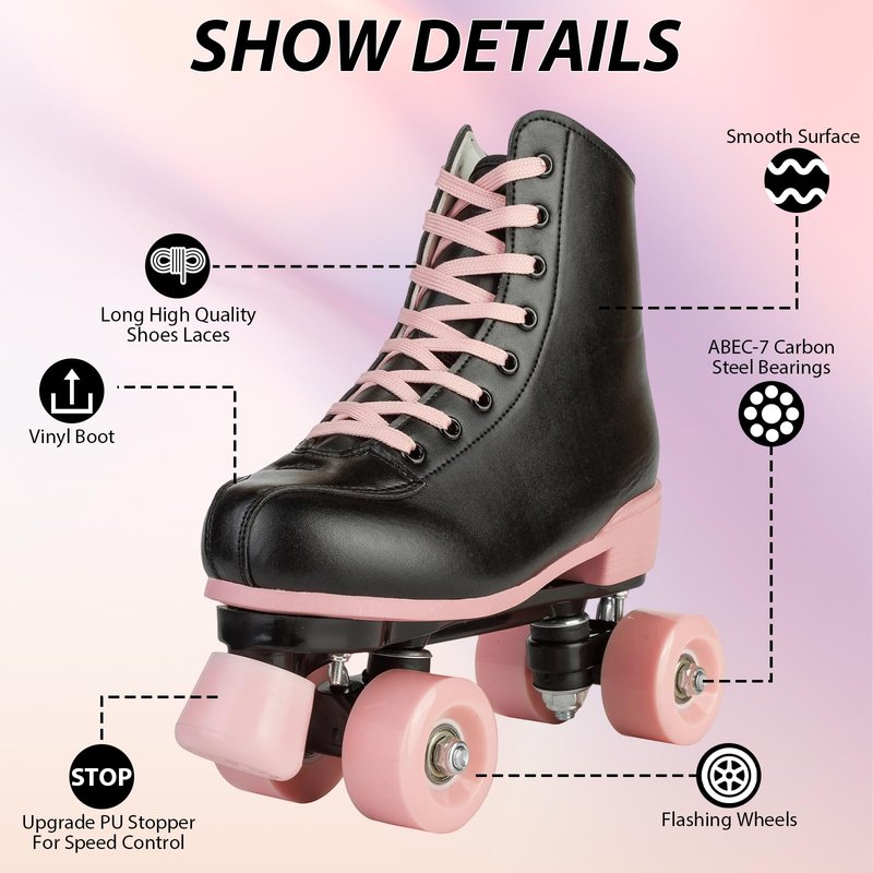 Silvertree Roller Skates for Women and Men PU Leather High-top Adult Roller Derby Skates Wheels Light Up Roller Skate Four-Wheel Shiny Roller Skate Unisex (US:7.5)