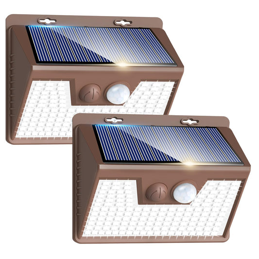 Peasur 2 Pack Solar Lights for Outside, Motion Sensor Outdoor Lights, 140LED Solar Security Lights 3 Working Modes, Solar Lights Outdoor Waterproof for Outside Garden Yard Fence (Brown Frame)