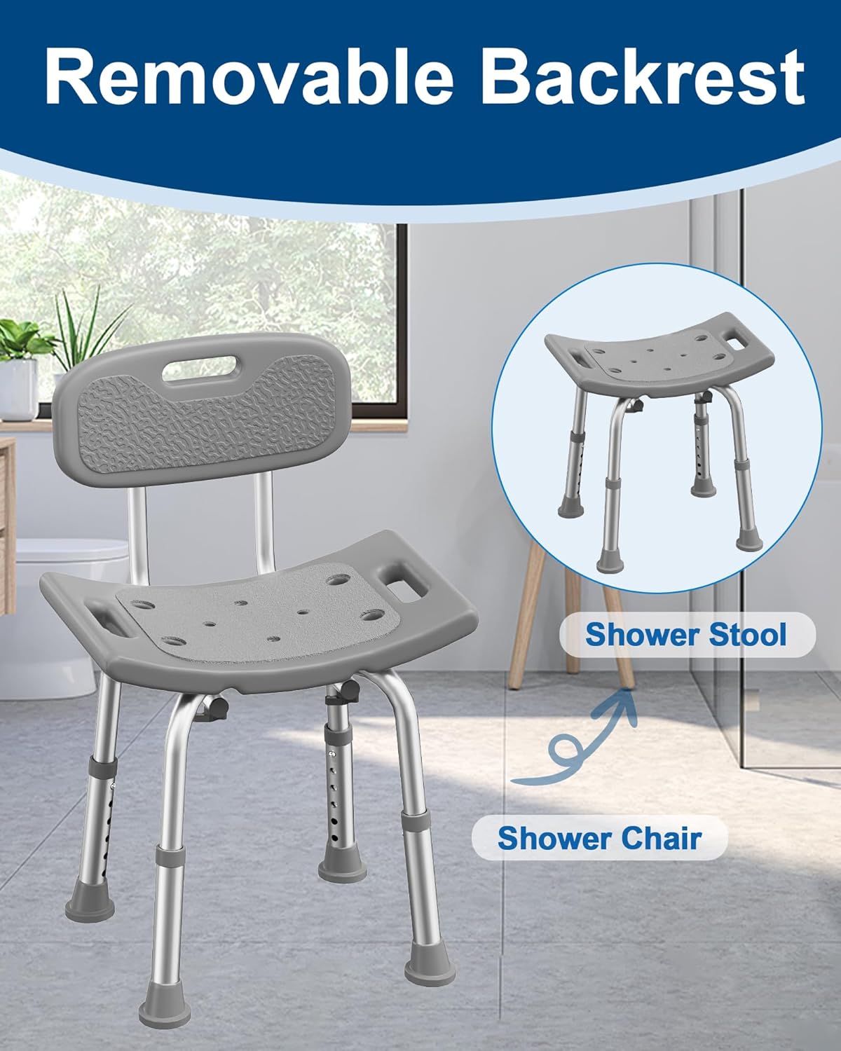 Heavy Duty Shower Chair for Seniors - 400 lbs Capacity, Removable Back, Safe Bath Seat for Bathtub - Gray