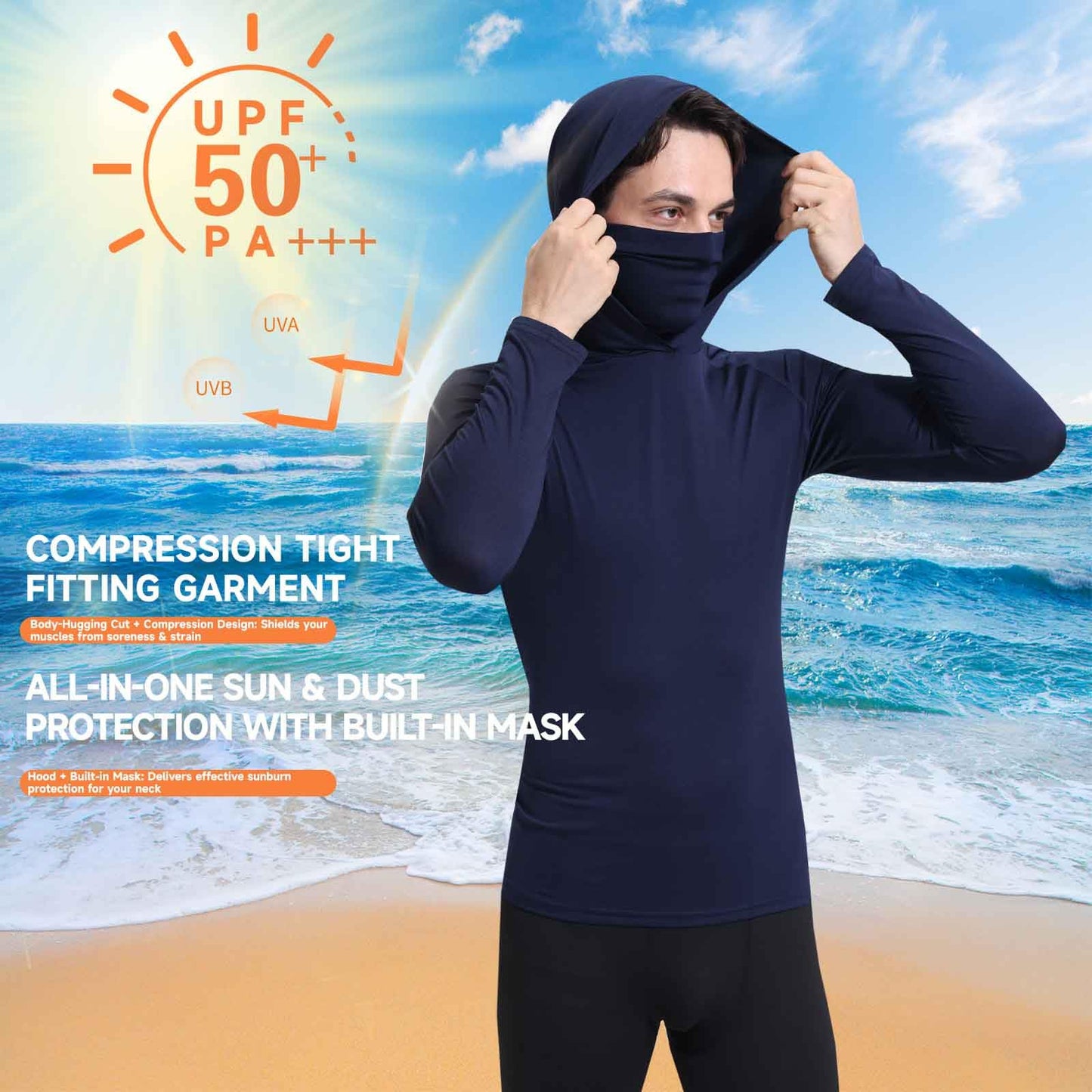 SKYWEHYD Men's UPF 50+ Sun Protection Hoodies, Long Sleeve Moisture Wicking Shirts with Face Mask for Fishing, 3 Pack (US, Alpha, Medium, Regular, Regular, Black+Blue+Gray)