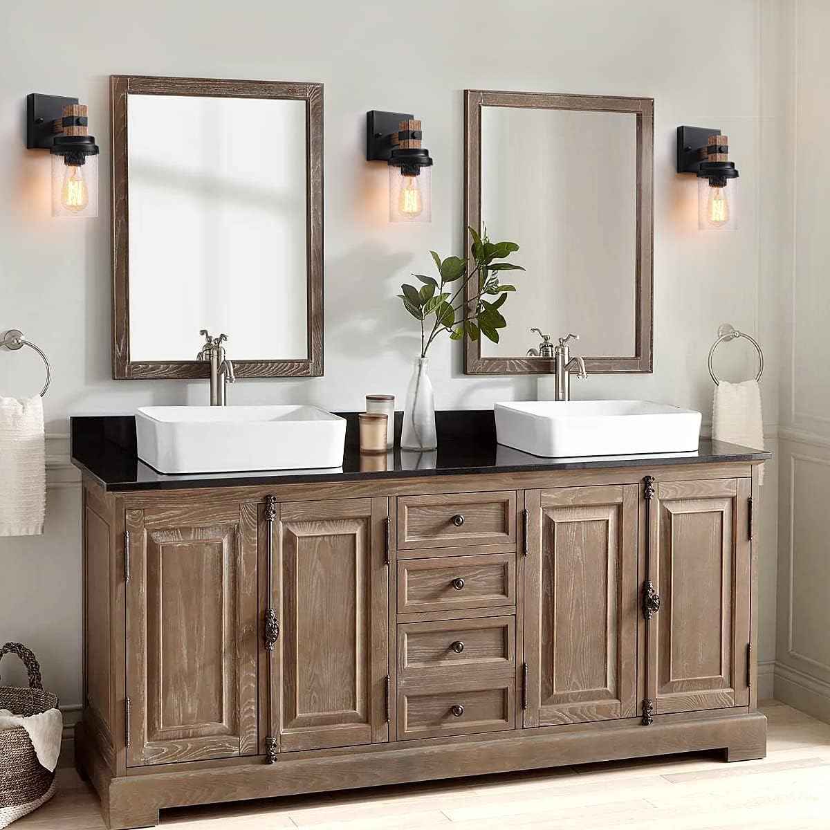 Farmhouse 2-Light Vanity Lights for Bathroom - Rustic Black Wood & Glass Sconces