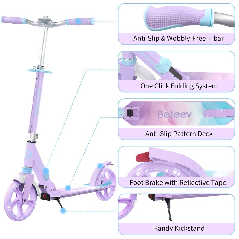 BELEEV V8 Scooters for Kids Ages 6+ with Light-Up Wheel & Stem & Deck, 2 Wheel Folding Scooter for Adults Teens, 4 Adjustable Height, Lightweight Sport Commuter Scooter, up to 220lbs(Light Purple)