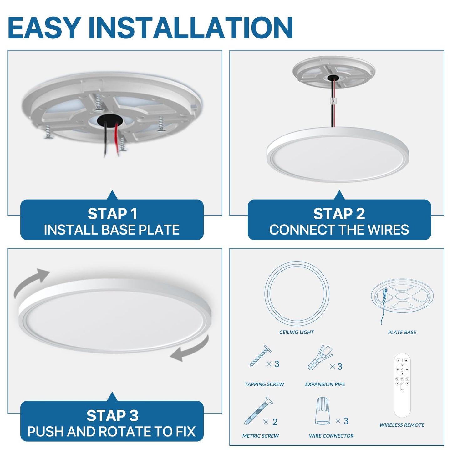 12Inch 4Pack flush mount Led ceiling light with Remote Control,Ultra Slim 24W 3000K-6500K Color Adjustable Ceiling Lamp for Living Room/Kitchen,2000K Warm Nightlight for Bedroom, Memory Function