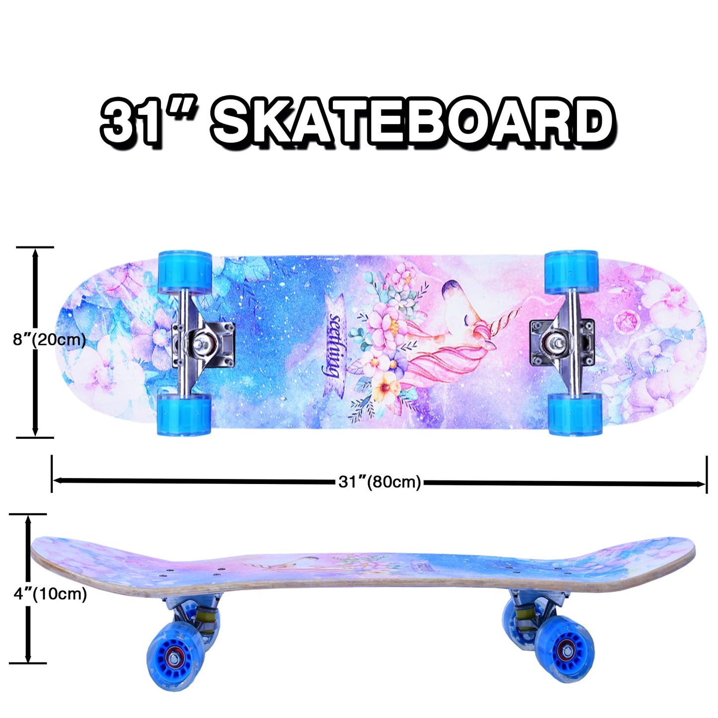Skateboards for Beginners Kids Boys Girls and Adults,31''x8'', 7-Layer Maple, Double Kick Concave, Fascinating Cool, Solid&Durable