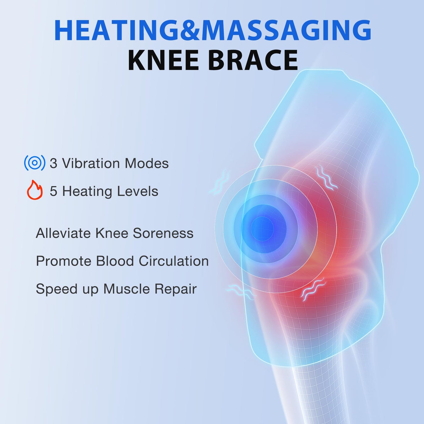 Cordless Knee Massager with Heat Vibration for Pain Relief, Electric Heated Knee Brace with 5 Heat Levels and 3 Massage Mode, Gifts for Men Women