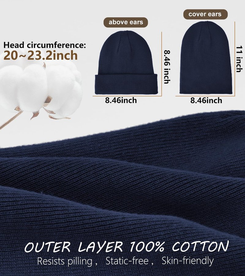 Simapu Winter Fleece Lined Beanie for Men Women, 100% Cotton Knit Thick Warm Beanies Hat, Cuffed Fisherman Hats Ski Skull Cap Navy Blue