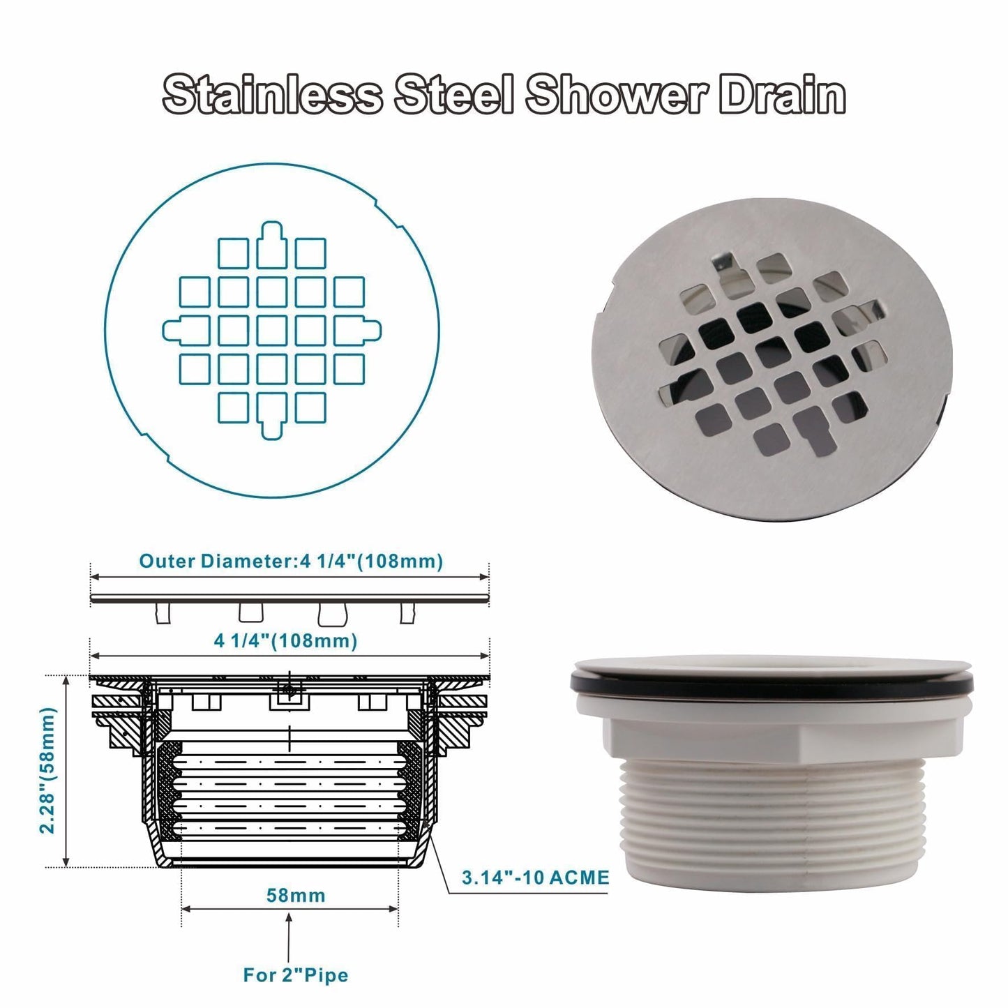 Brushed No Caulk Shower Drain, Welsan PVC Compression Shower Floor Drain with 4-1/4" Stainless Steel Round Grid Strainer Cover, Brushed Nickel
