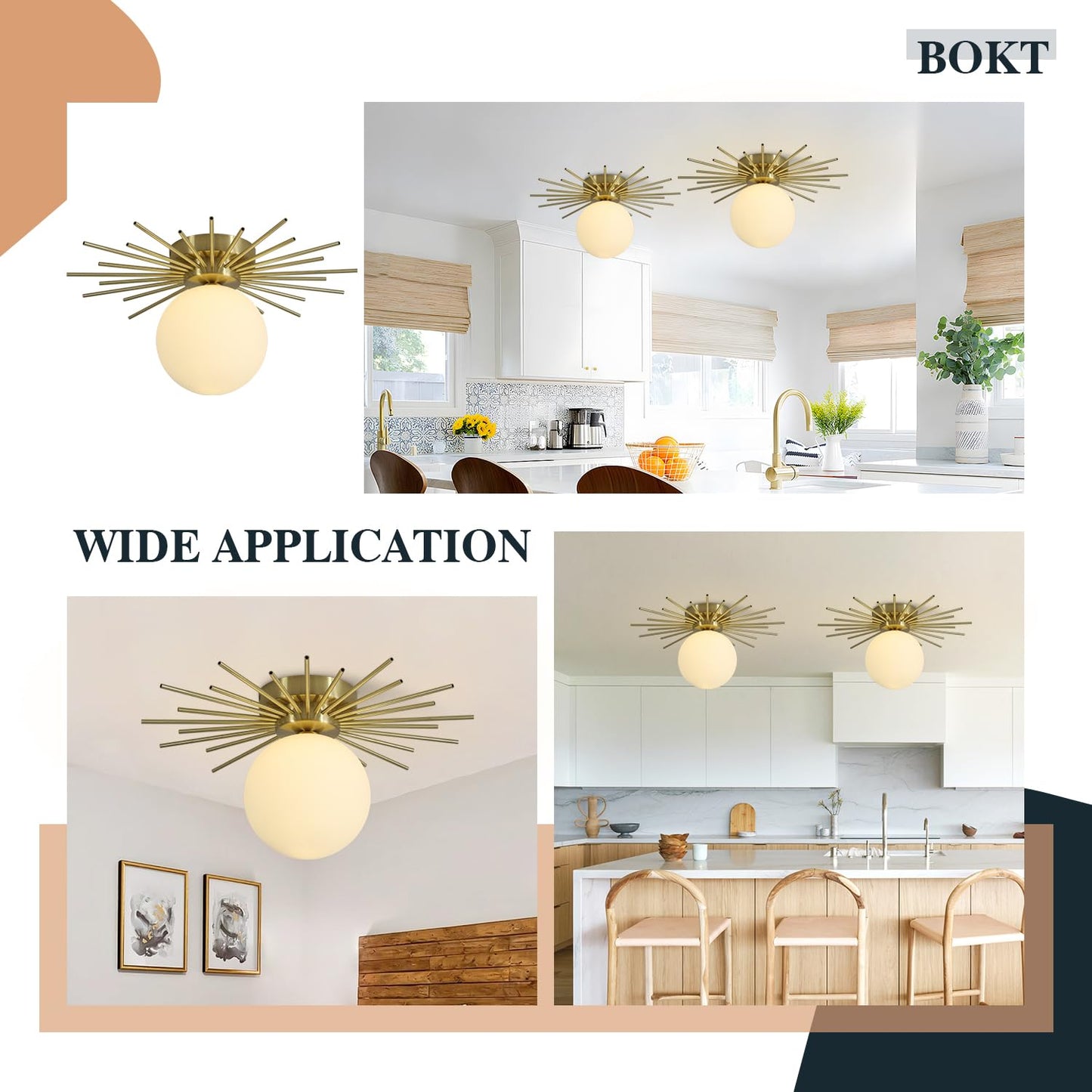 BOKT Modern Gold Semi Flush Mount Ceiling Light Mid Century White Glass Globe Ceiling Light Industrial Close to Ceiling Light Vintage Golden Ceiling Lamps Brushed Brass Hallway Light Fixtures